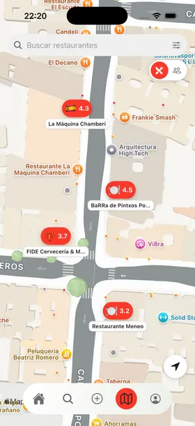 Mapa de Feedo con restaurantes y valoraciones